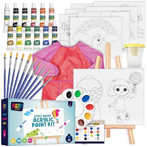 KEFF Acrylic Paint Set for Kids - Non Toxic Washable Paint - 32 Pcs Painting Kit for Kids with Blank & Pre-Drawn Canvas Boards, Wooden Easel, Brushes, Mixing Palette, Washing Cup & Pink Smock