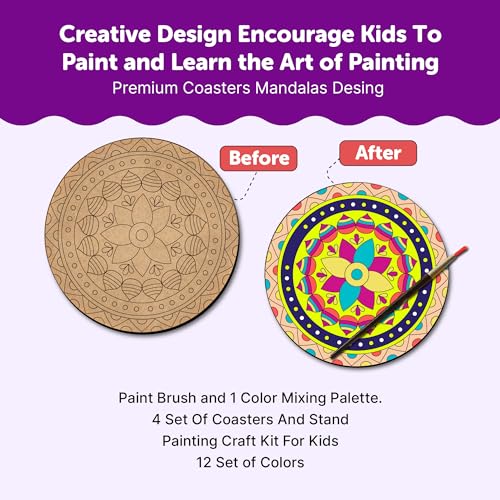 Image of Mini Leaves Wooden Mandala Painting Art and Craft Kit with Wooden Stand- Advance Level| Tea Coaster DIY Art and Craft Kit for 9 to 12 Years, Set of 4