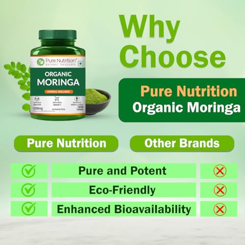 Image of Pure Nutrition Organic Moringa Tablets with 1200mg Leaves Extract | Moringa Tablets for Healthy Digestion, Immunity, Energy Levels & Detox - 180 Veg Tablets