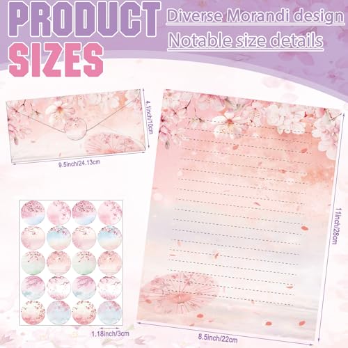 Image of TaoBary 160 Pcs Cherry Blossom Stationery Paper and Envelopes Set 50 Double Sided Lined Stationery Paper with 50 Matching Envelopes and 60 Round Dot Sticker 8.5 x 11'' Letter Writing Kit, 10design