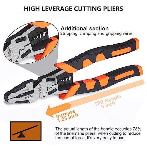 Vanjoin Linesman Combination Pliers, Professional 8 Inch Screw Pliers Multitools With Wrench Wire Stripper Crush Crimper Side Cutter Winding Function, Screw Gripping Remover Pliers Hand Tool (8 Inch) #TOP3