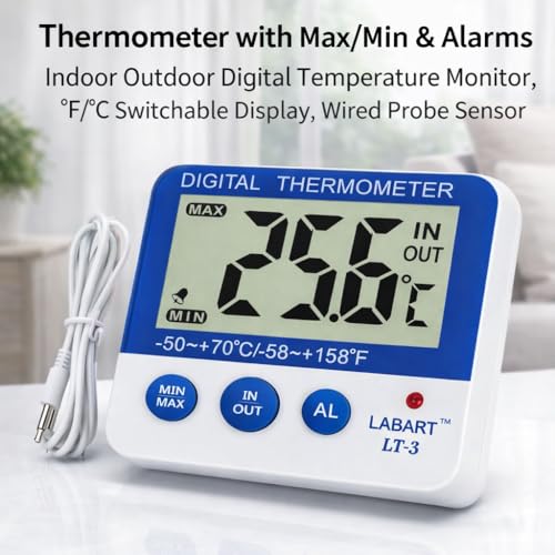 Image of LABART Fridge Freezer Thermometer Max /Min Memory High & Low Temperature Alarms Settings with LED Indicator Digital Refrigeration Thermometer with Magnetic, Stander, Pack Of 1