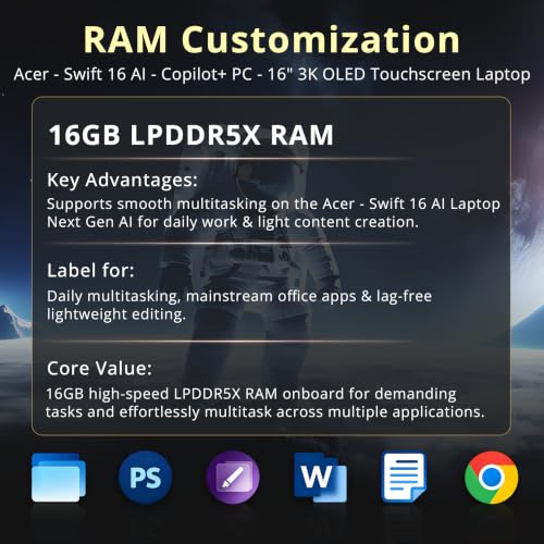 Image of Hotface Customized Laptop, Created Using Acer Swift 16 AI 16 inch 3K OLED Touchscreen Laptop, Intel Core Ultra X7 358H, 16GB RAM, 512GB /1TB /2TB SSD, Intel Arc B390, Backlit Keyboard, Win 11 Pro, Gray
