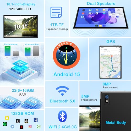 Image of 2026 Tablet, 10 Inch Android 15 Tablets 22GB+128GB+1TB Expand, 2-in-1 Octa-Core Electronic Tablet with Keyboard Mouse Case, 8000mAh Battery, 1280x800 HD IPS Display, GPS,Widevine L1, Metal Body -Black