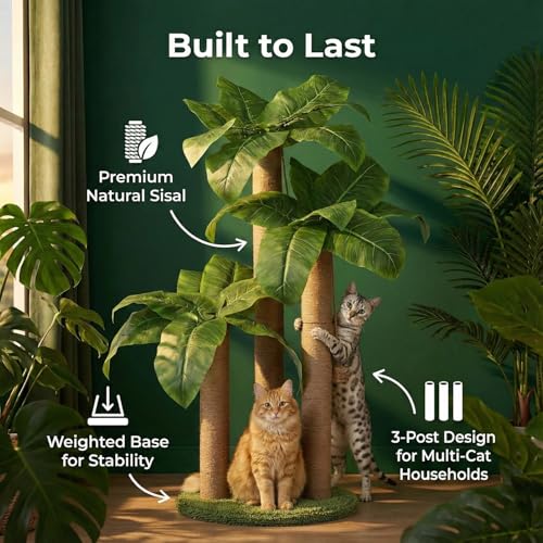 LEMONDA 31.5Inch Cat Scratching Post,Cat Scratcher Tree with 3 Scratching Poles & 2 Interactive Dangling Balls,Cats Scratching Posts for Indoor Kitten & Adult Cats - Image 2