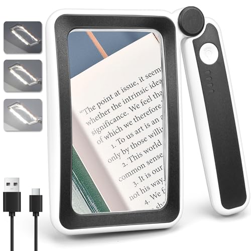 Rechargeable 5X Magnifying Glass for Reading, Handheld Page Magnifying Glass with Light for Low Vision Seniors, Lightweight LED Magnifier for Reading Books, Newspaper, Black