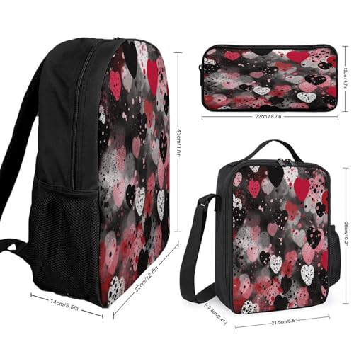 Black Polka Dot Heart 3pcs Lightweight Travel Backpack Printed Backpack With Lunch Pack Storage Box Case2