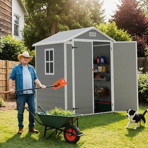 Image of Greesum 6x4FT Plastic Outdoor Storage Shed, Resin Shed with Floor and Window, Tool Sheds with Lockable Door and Vent, for Garden, Garage, Backyard, Lawn, Light Gray