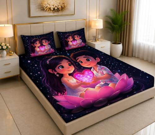 Image of 7D Digital Printed King Size Bedsheet | 240TC Premium Cotton Feel Microfiber with 2 Pillow Covers | Soft Breathable & Wrinkle Free Bedding Set | (Lovedigital, King Size-90x100 Inch)