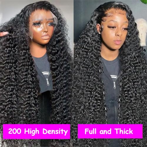 Aomllute 30 Inch Deep Wave Lace Front Wigs Human Hair 200 Density 13x4 HD Lace Frontal Wigs Human Hair Pre Plucked Deep Curly Glueless Wigs Human Hair for Women Natural Black - Image 3