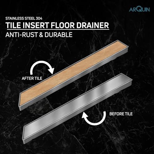 Image of ARQUIN Tile Insert Shower Drain Channel 24x4 Inch Bathroom Tile Insert Drain | 304 Grade Stainless Steel Waste Water Marble Floor Drain Channel with Cockroach Trap (1mm Thickness)
