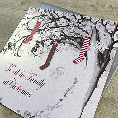 White Cotton Cards To All The Family, Handmade Large Christmas Card. Stockings (Code xx14-52), 22cm x 22cm - Image 2