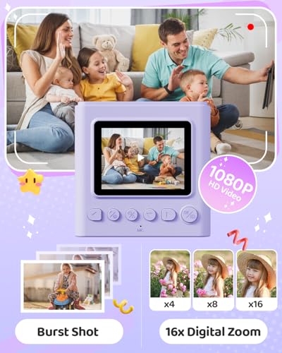 Image of TIATUA Kids Instant Print Camera, 1080P HD Video Digital Toy, Purple | Includes 32GB Card, 3 Rolls Paper & 5 Coloured Pens, Inkless Print, Christmas Birthday Toy Gift for Kids 3-14