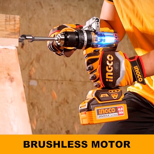 Image of INGCO 20V Cordless Brushless Impact Drill 96NM, Variable Speed 500 /2000RPM, 13mm Chuck, 22+1+1 Torque, Auxiliary Handle, with 2Pcs 4.0Ah Battery and 1Pcs Charger, Packed by Carrying Case CIDLI209686