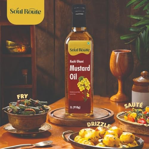Image of SoulRoute Kachi Ghani Mustard Oil 1 Litre | Pure Sarson Tel Cooking Oil | Rich in MUFA & Vitamin E | 0% Cholesterol | Strong Aroma Mustard Oil for Indian Cooking & Traditional Recipes