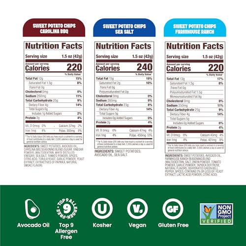 Image of Jackson's Sweet Potato Kettle Chips Avocado Oil Variety Pack (7oz, Pack of 6) Sea Salt, Ranch and BBQ Flavors - Allergen-friendly, Gluten Free, Vegan