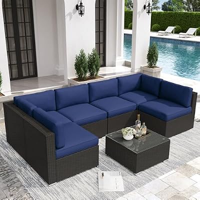 Crownland 7-Piece Outdoor Patio Furniture Sets, All-Weather Black Wicker Rattan Sectional Sofa, Modern Glass Coffee Table and Washable Seat Cushion with YKK Zipper (Dark Blue)