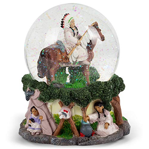 Elanze DesignsNative American Chief 100MM Sturdy Wind Up Music Glitter Water Snow Globe Tabletop Dresser Nightstand Figurine Decoration Plays Tune Free As The Wind