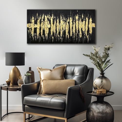 Large Hand Painted 3D Canvas Wall Art for Living Room, Neutral Abstract Black and Gold Texture Minimalismt Painting Picture Print Artwork Wall-Decor for Bedroom Home Decoration, Size 40x20 inches
