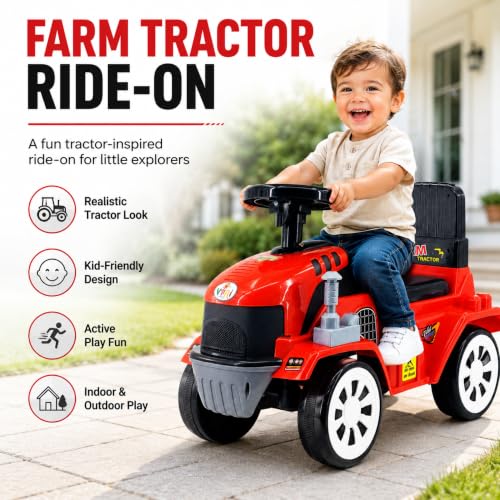Image of Farm Tractor Ride On Toy for Kids 2-5 Years, Foot-to-Floor Manual Ride On with Comfortable Backrest, Easy-Grip Steering Wheel, Wide Wheels, Indoor & Outdoor Ride On Toy for Boys & Girls