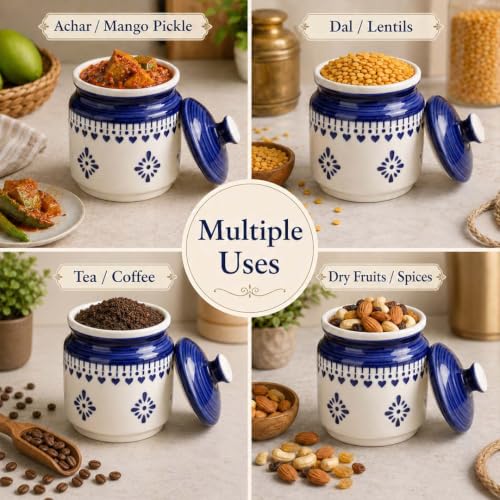 Image of The Earth Store Blue Drape Pickle Jar Set of 1 - 600ML Ceramic Jar for Kitchen Storage | Microwave & Dishwasher Safe Achar Container | Pickle, Salt & Spice Storage Jar | Barni Jar
