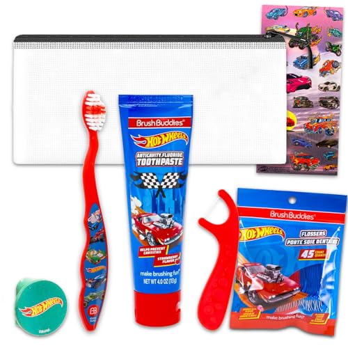 Hot Wheels Oral Care Traveling Kit for Kids - Bundle with Toothbrush with Cover Toothpaste Floss Pack Travel Bag and More for Boys Toddlers | Hot Wheels Toothbrush Set