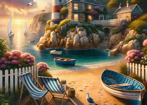 Rocorose 1000 Piece Puzzle for Adults, Lighthouse Coast Jigsaw Puzzles for Family, Beach Landscape Puzzles Sunrise Sunset for Game Night Fun Activity