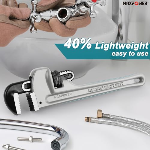Image of MAXPOWER 10 inch Straight Pipe Wrench, 1 inch Jaw Capacity, 40% Lighter Aluminum Adjustable Plumbing Wrench, Cr-Mo Jaw, Drop Forged