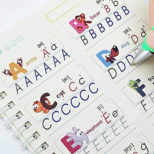 Alphabet Handwriting Practice Workbook for Kids, English Handwriting Pen Copybook Set for Kid Magic Calligraphy Reused Handwriting 4 Copybook with 1Pen 1Penholder 8 Refills