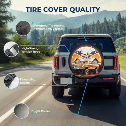 Image of GENANY Rustic Deer Vintage Truck Father's Day PVC Spare Tire Cover for RV Trailer, Country Barn Wildlife Design, Size 14 Fits 24-27 Inch