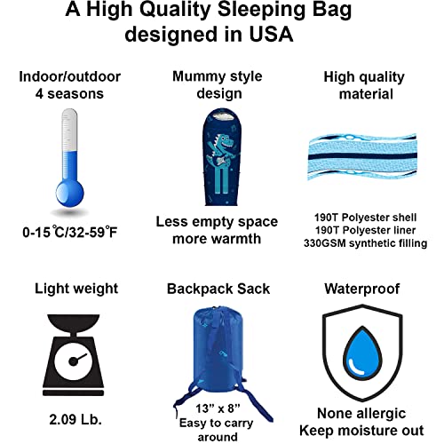Bolsa de dormir ajustable para niños estilo momia con manga para almohada, 4 estaciones 32-59°F, liviana y estilo mochila, ideal para camping miniatura 4