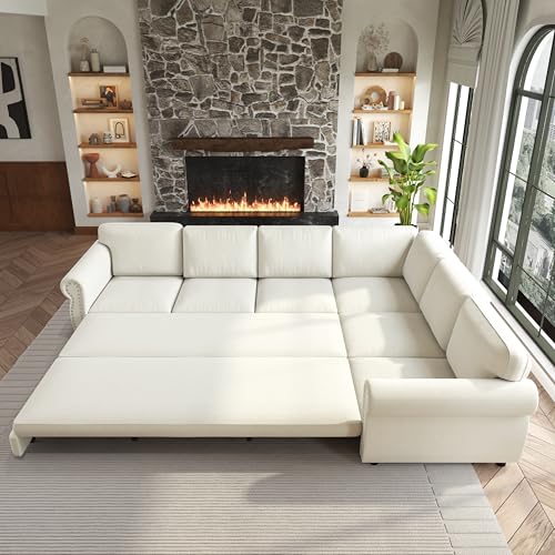Image of KEIKI 118 inch Chesterfield Sleeper Sofa, Chenille Sectional Couch, Beige | L Shaped, Pull Out Bed Design, Nailhead Trim Detail, Rolled Armrest, 6 Seat Seating, Living Room Guest Room Use