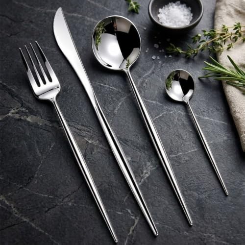 Image of 12 Pcs Silver Slim Handle Stainless Steel Cutlery Set for Dining Table with Spoons and Forks Set + Butterknives - The Perfect Tableware /Flatware