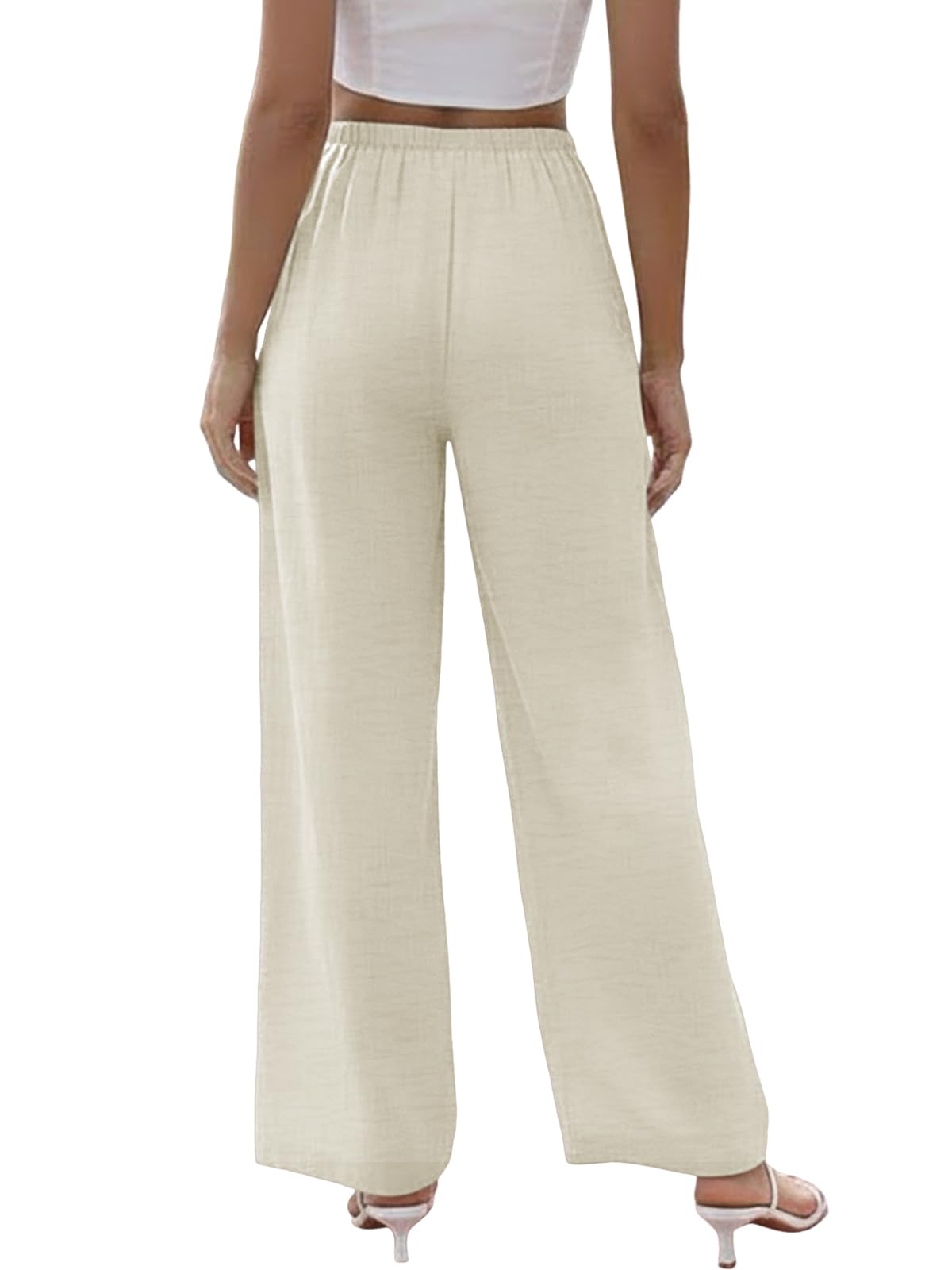 Cuptacc Pantalon Fluide Femme Été Taille Élastique Décontracté Pantalons Lin de Loisirs avec Poches à Jambes Larges