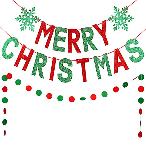 Red and Green Merry Christmas Banner Merry Christmas Garland Banner, Christmas Party Banner Merry Xmas Banner for Xmas Holiday Fireplace Mantle Home Decor