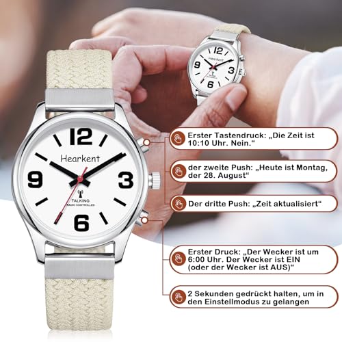 Hearkent Deutsch Sprechende Uhr Damen,Senioren Armbanduhr mit großen Zahlen, Uhren für Sehbehinderte Menschen, Blindenuhr oder Demenz Uhr (Nylon beige)