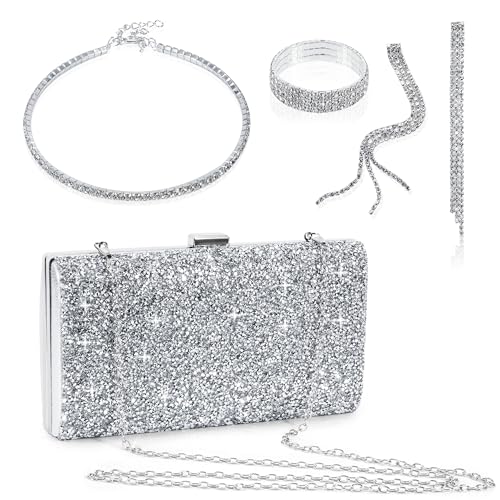 Bolso de Mano de Diamante Bolso de Noche para Mujer Bolso de Fiesta de Plata Bolso de Hombro de Cristal Brillante Bolso de Boda 4 piezas con Collar Pulseras Aretes