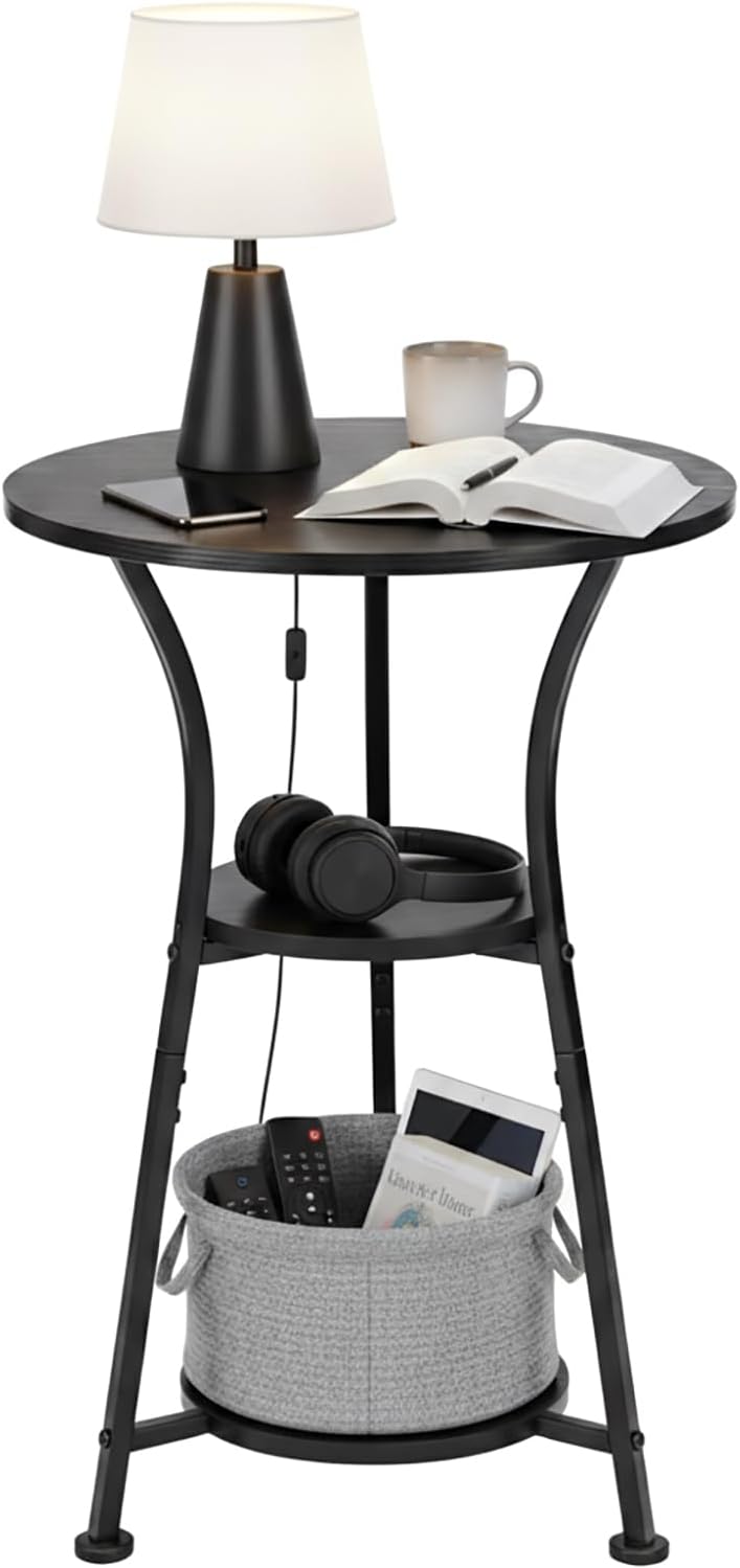 Dulcii Small Round End Table for Narrow and Small Space, 3-Tier Modern Accent Couch Beside Table, Black