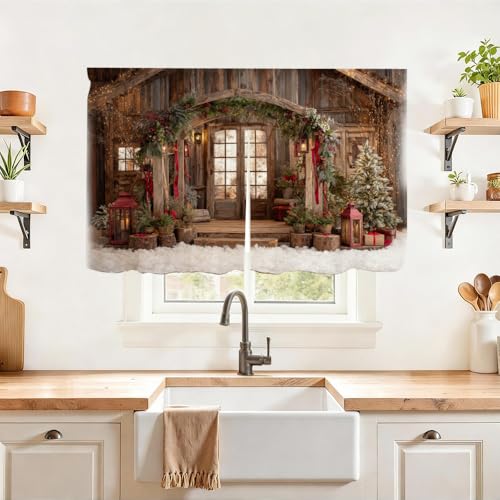 Image of Self Adhesive Cabinet Curtain for Mother's Day, 39x28 Inch Rustic Wood Cabin Under Sink Skirt No Drill, Spring Cleaning Kitchen Decor, Hook and Loop Laundry Shelf Valance, Fabric Panel