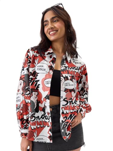 Image of The Souled Store Official Snow White Women and Girls Ballon Sleeve Collared Neck Button Front Multicolor All Over Print Regular Fit Polyester Satin Shirts
