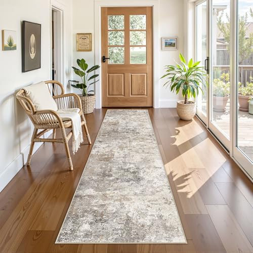 2X8 Washable Runner Rug for Hallway: Soft Neutral Modern Abstract Area Rug - Non-Slip Low Pile Long Throw Indoor Carpet for Kitchen Entryway Kitchen Bedroom Laundry- Brown Grey