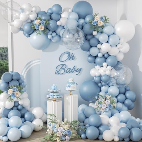 119pcs Dusty Blue Balloon Arch Garland Kit Blue and White Balloon Arch Kit with Dusty Pastel Blue White Clear Balloons for Bridal Shower Gender Reveal Birthday Baby Shower Party Decorations
