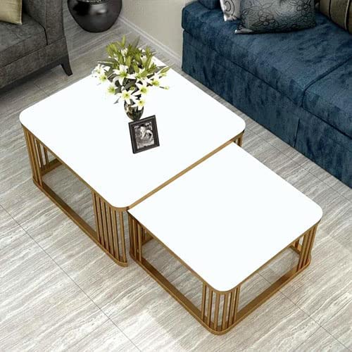 Image of Brown Art SHOPPEE Square Coffee Table Home Decor Furniture Coffee Table Sets,2 Piece MDF Top,Stacking Nesting Table with Iron Frame for Living Room Living Room or Lounge (Gold & White)