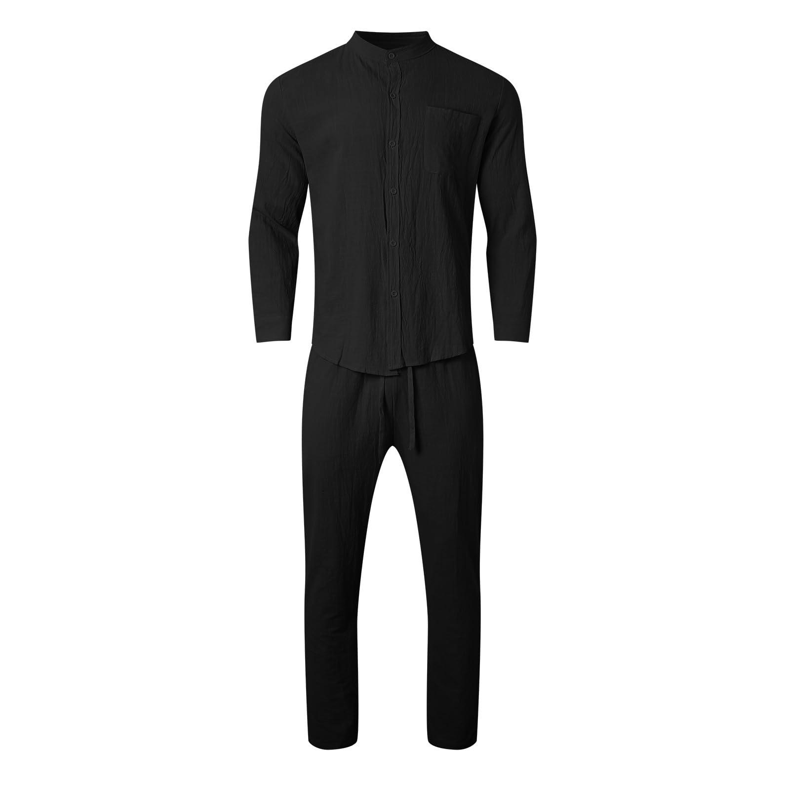 Vestito estivo da uomo, lungo, in cotone, lino, con bottoni, in mussola e pantaloni da spiaggia, traspirante, per il tempo libero, comodo, da jogging, tuta sportiva, tinta unita