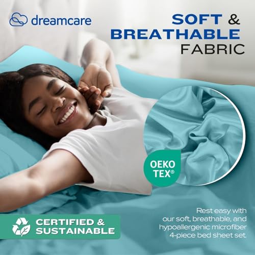 Image of DREAMCARE Full Size Sheets - Cooling Sheets - 4pcs Set - up to 15 inch Deep Pocket Full Sheet Set - Sheets Full Size Bed - Soft & Long Lasting 100% Fine Brushed Polyester with Side Pocket - Spa Blue