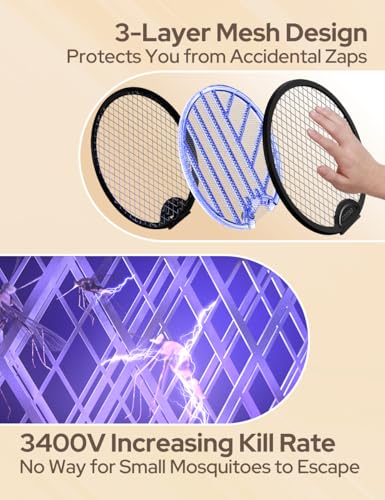 Image of COSTAR Foldable Mosquito Bat Rechargeable with UV Light Lamp, 2-in-1 Mosquito Racket, Electric Fly Swatter, 1200mAh Long-Lasting Battery, Rotatable Bug Zapper - Black