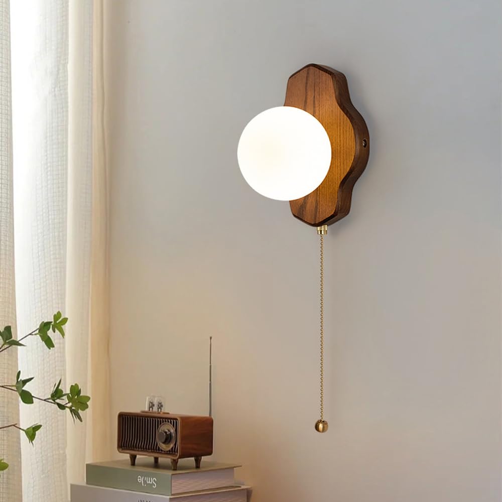 G9 Light Source Glass Shade Wall, Single Head Minimalist Wood Lamp, Modern Industrial Style Sconce, Bedroom Living Room Entryway Mounted Fixtures