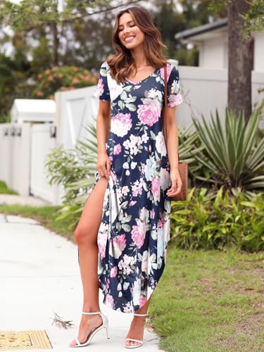 Image of BELAROI Plus Size Maxi Dress for Women Summer Casual V Neck Short Sleeve Long Dress with Pockets Beach Vacation Cover Up