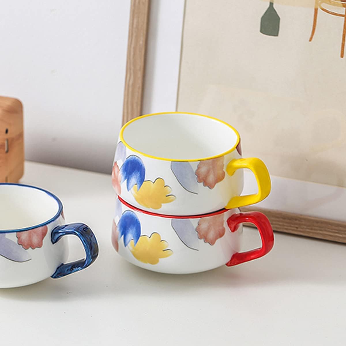 Ceramiczne kubki do kawy Kubek z uchwytem idealny do herbaty, płatków zbożowych, kakao, gorącej czekolady, mleka, ręcznie malowany wzór, 10,6 uncji, 1 sztuka