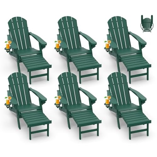GREENVINES Adirondack-Chairs-with-Ottoman | Set of 6 | Folding | Retractable-Footrest | HDPE Plastic | All Weather Fire Pit Chair | Cup Holders | Fore